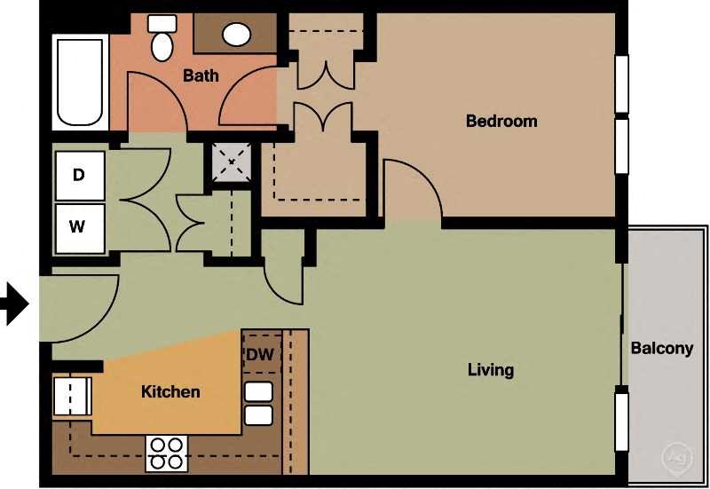 Floor plan for 1 bed, 1 bath, 730 sqft